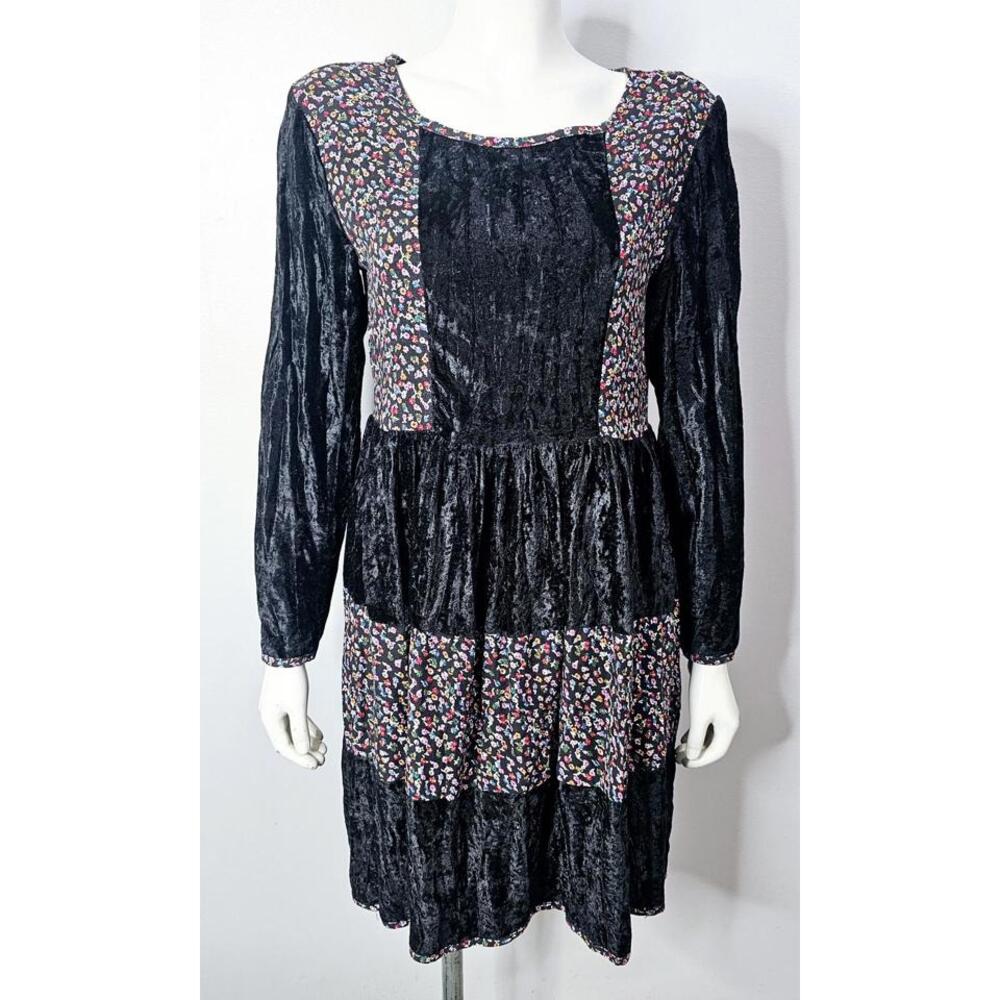 Vintage 1990s Black Velvet and Floral Babydoll Dress